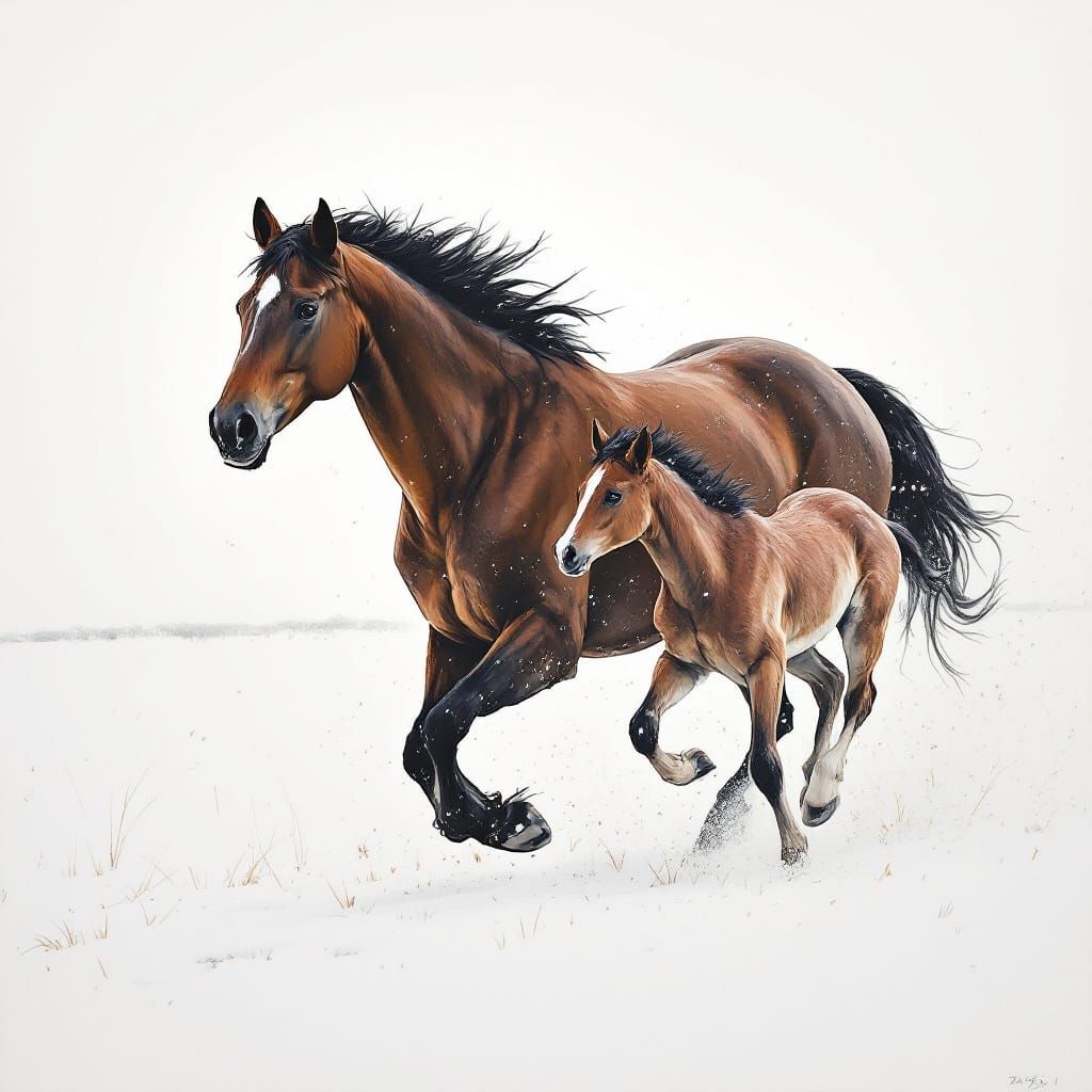 Horses in Snow: A Detailed Charcoal Rendering