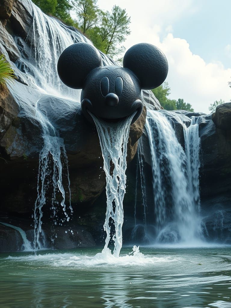 Surreal Waterfall Bursts from Mickey Mouse Head