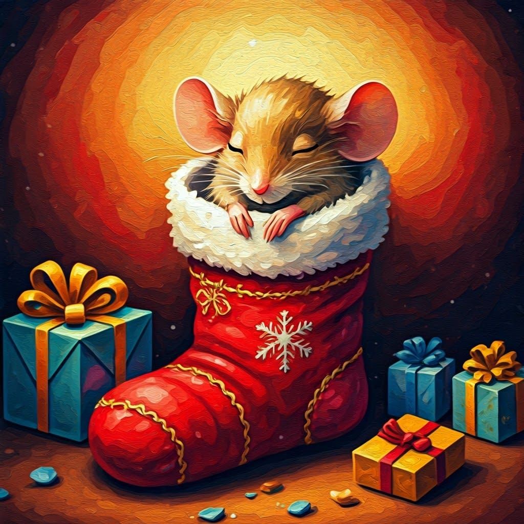 Cute mouse asleep in a Christmas stocking