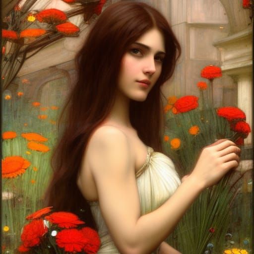 Woman with Flowers in Pre-Raphaelite Style