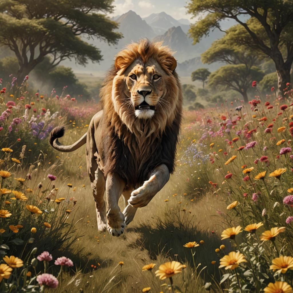 Majestic Lion and Girl in Flower Field Painting