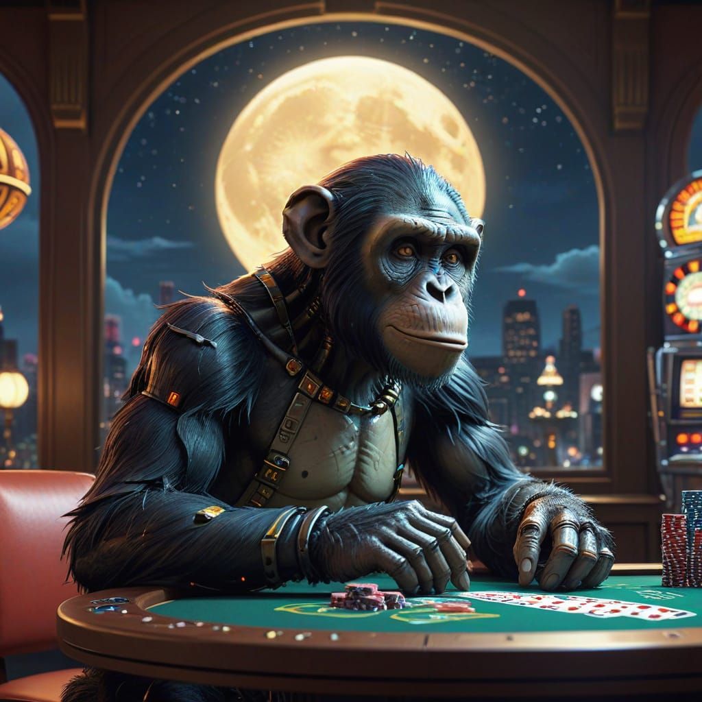 Robot Chimp Deals Cards in Art Deco Casino