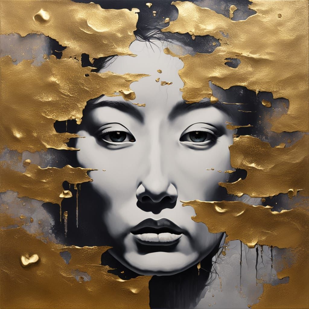 Japanese Beauty in Surreal Gold Leaf Melting Landscape