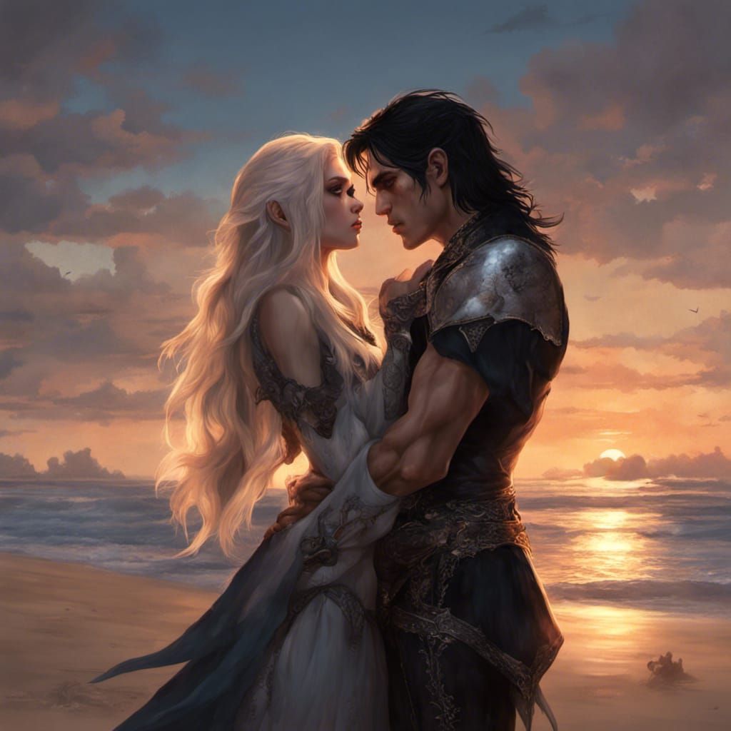 Vampire and Elf Embrace at Sunset