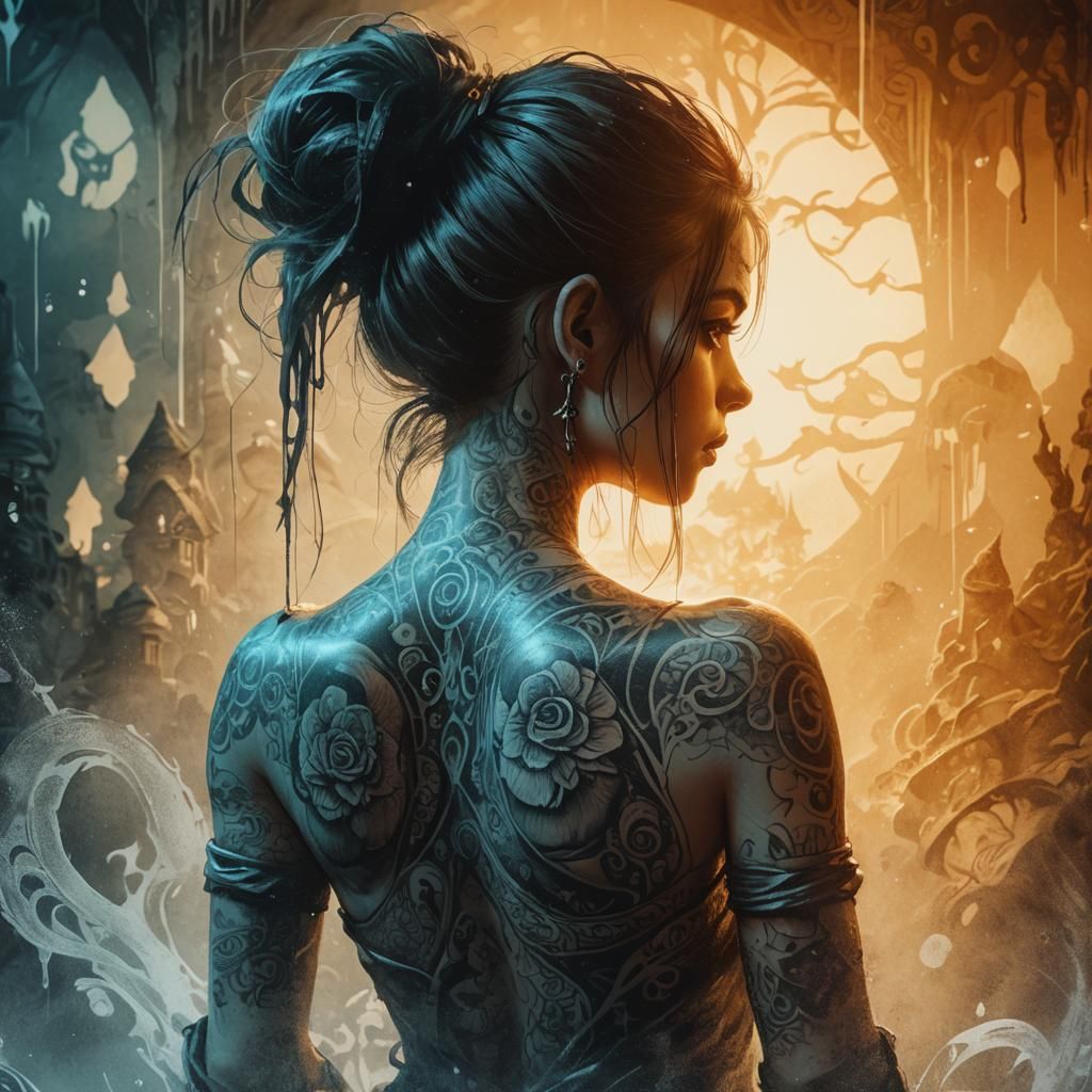 Gnome Girl Tattoo in Monochromatic Expressionism