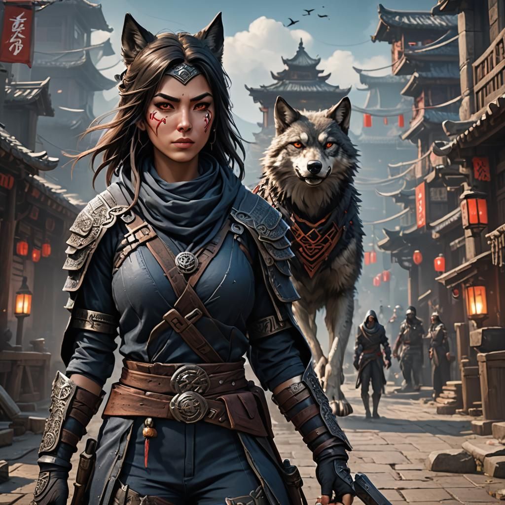 Brunette Ninja with Wolf Eyes in Detailed Matte Painting