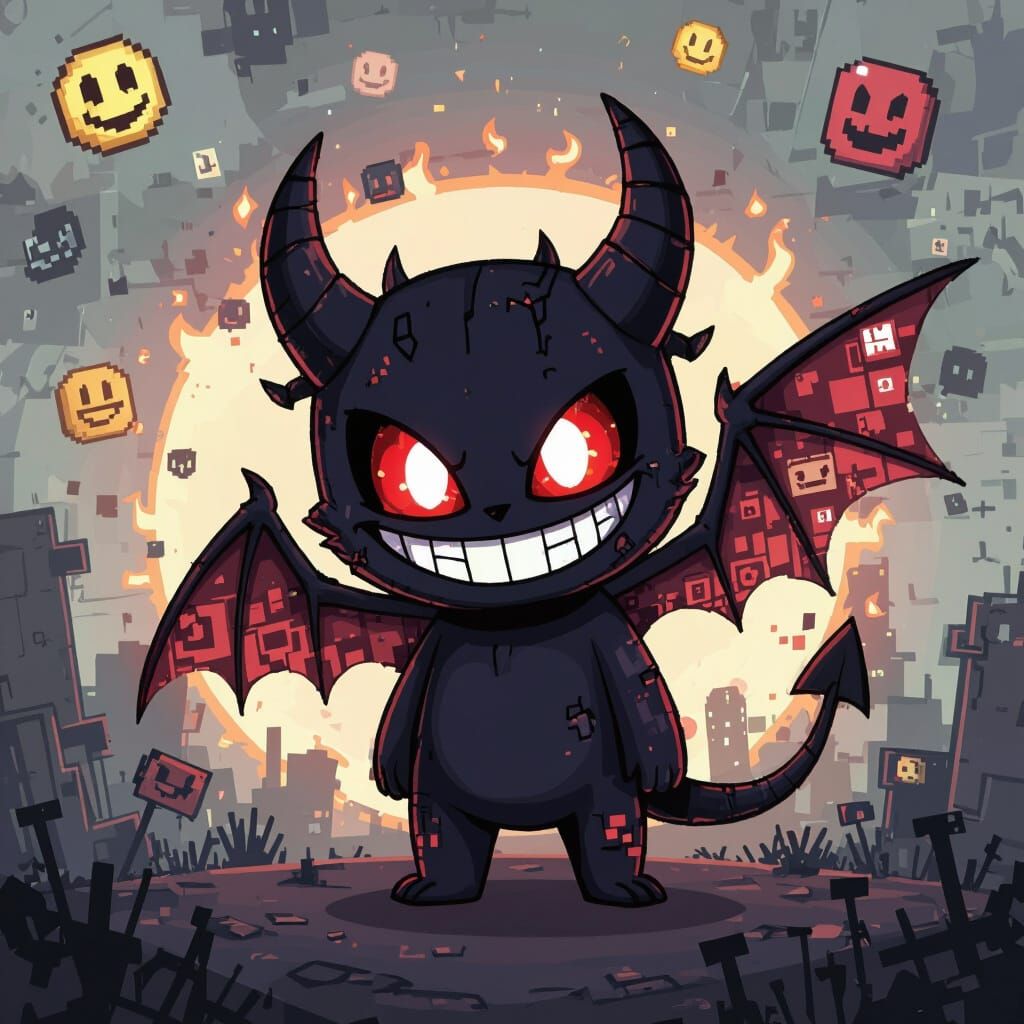 Mischievous Digital Imp Character in Cyberpunk Style