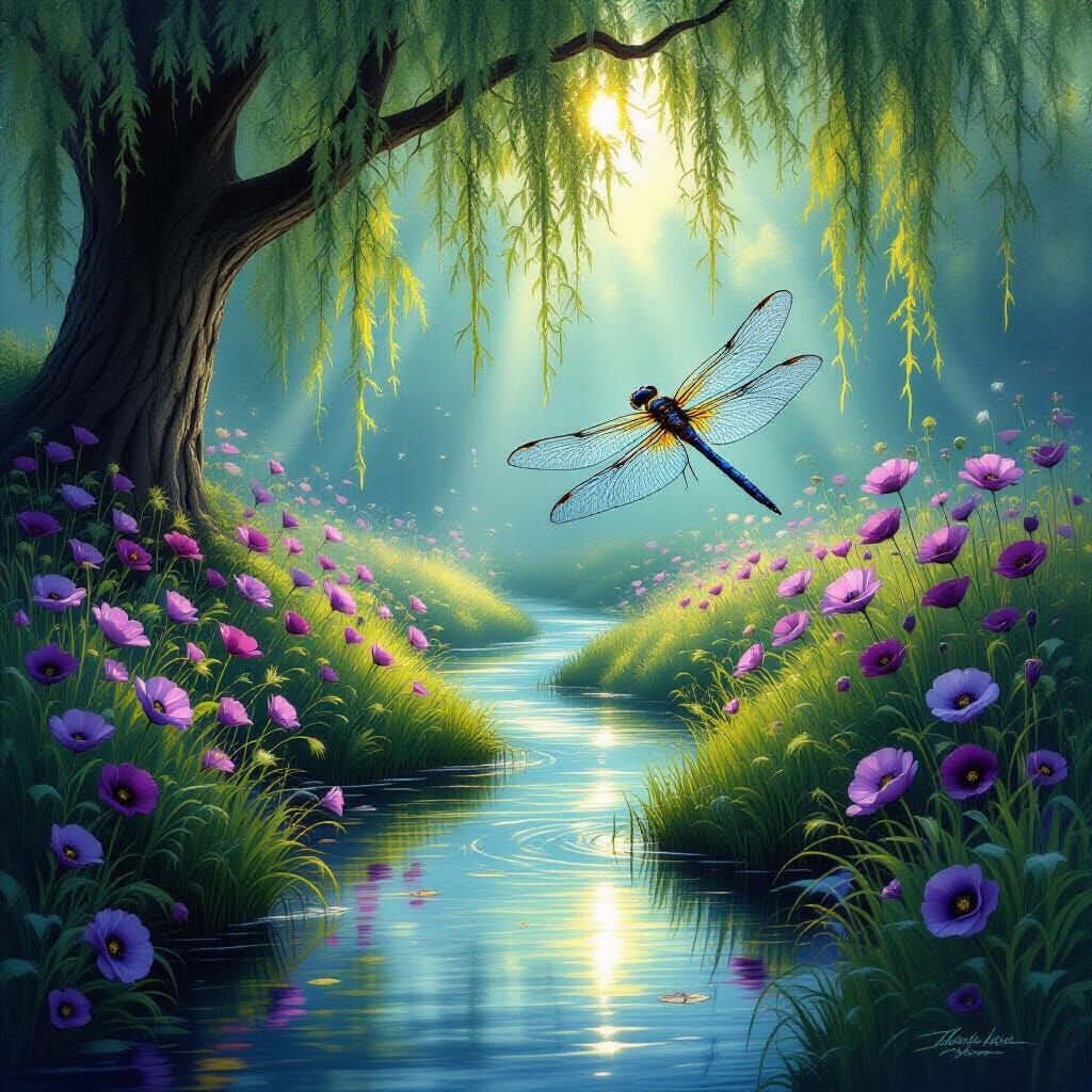 Ethereal Dragonfly Over Poppy Creek in Luminous Style