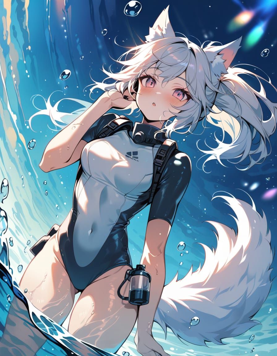 Underwater Anthro Wolf Diver in Manga Style