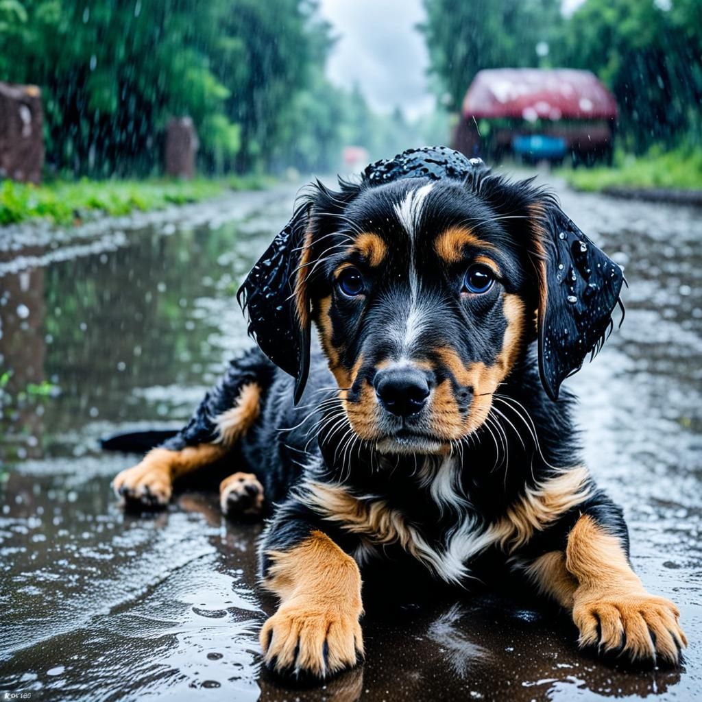 Sad Puppy Waits in Rain for Owner