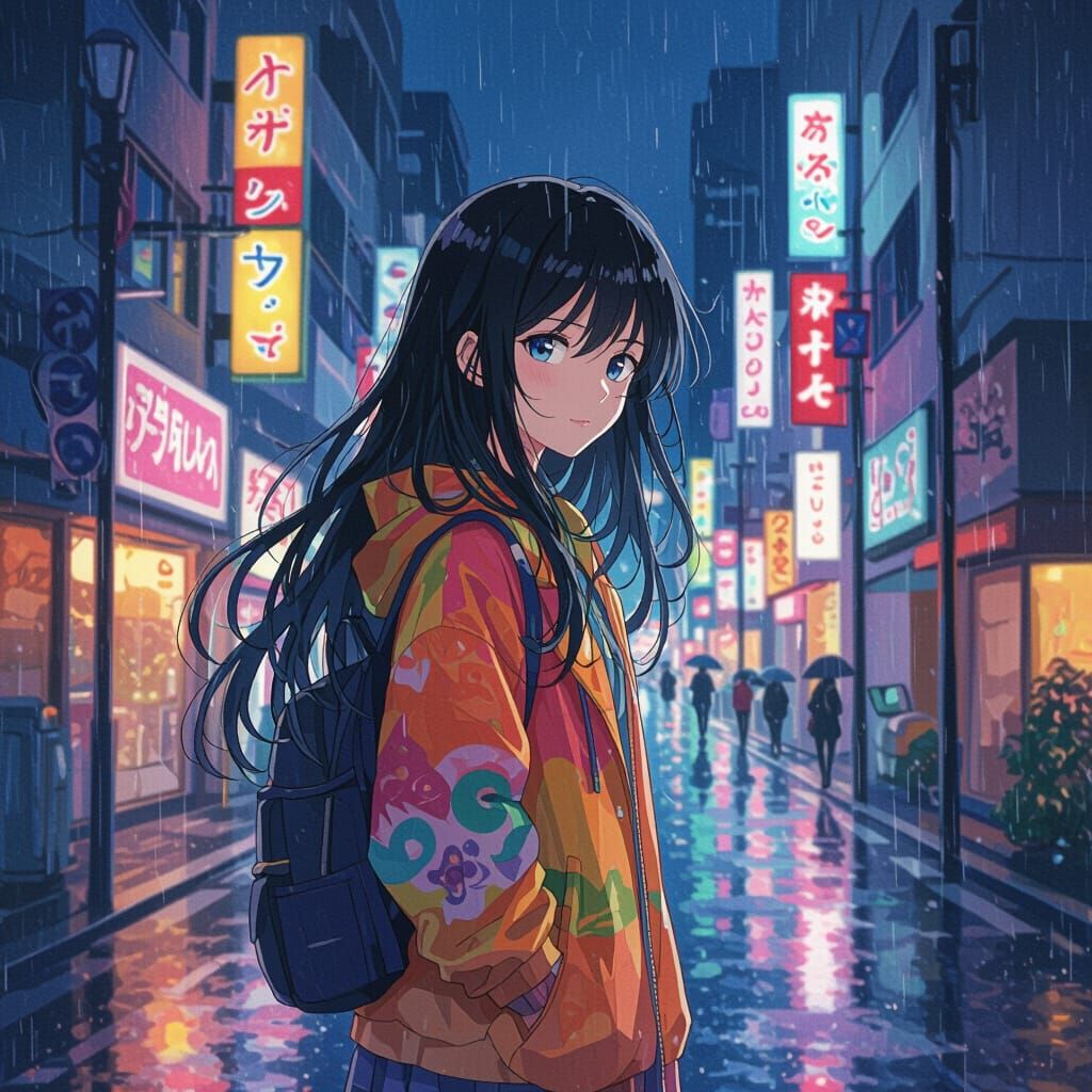 Anime Girl in Rainy Tokyo: Dreamy Watercolor