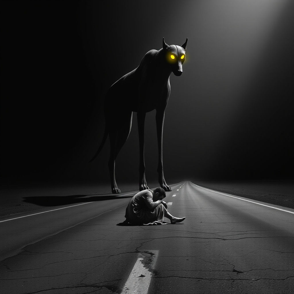 Giant Saluki Sentinel in Dark Fantasy Landscape