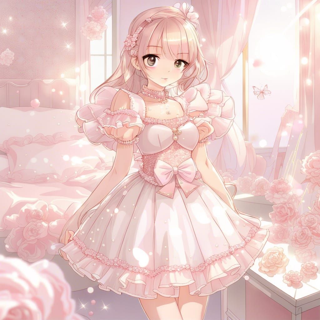 Pink and White Ruffled Dress in Sakura Room