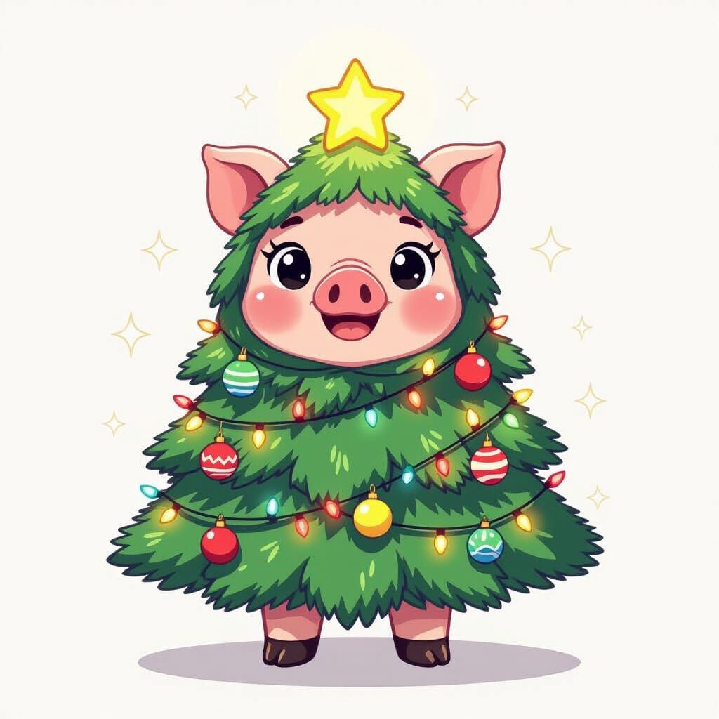 Smiling Pig in Christmas Tree Costume: Cartoon Style