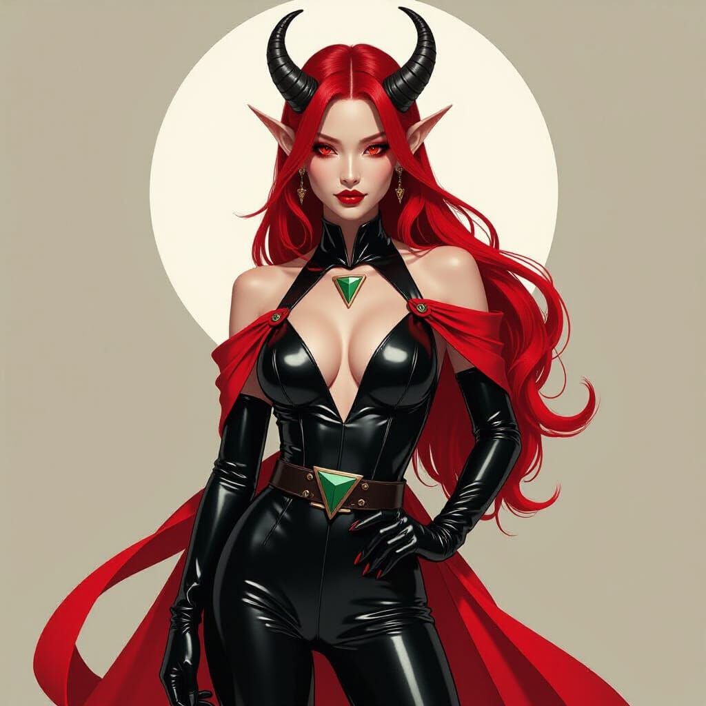 Tiefling in Red Latex Suit with Flowing Hair