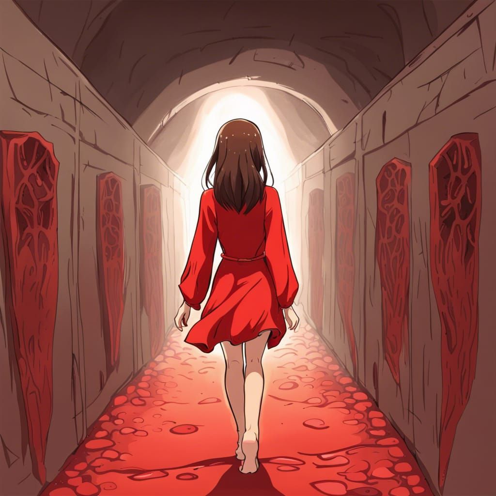 Anime Girl in Catacombs: Red Dress and Bare Feet