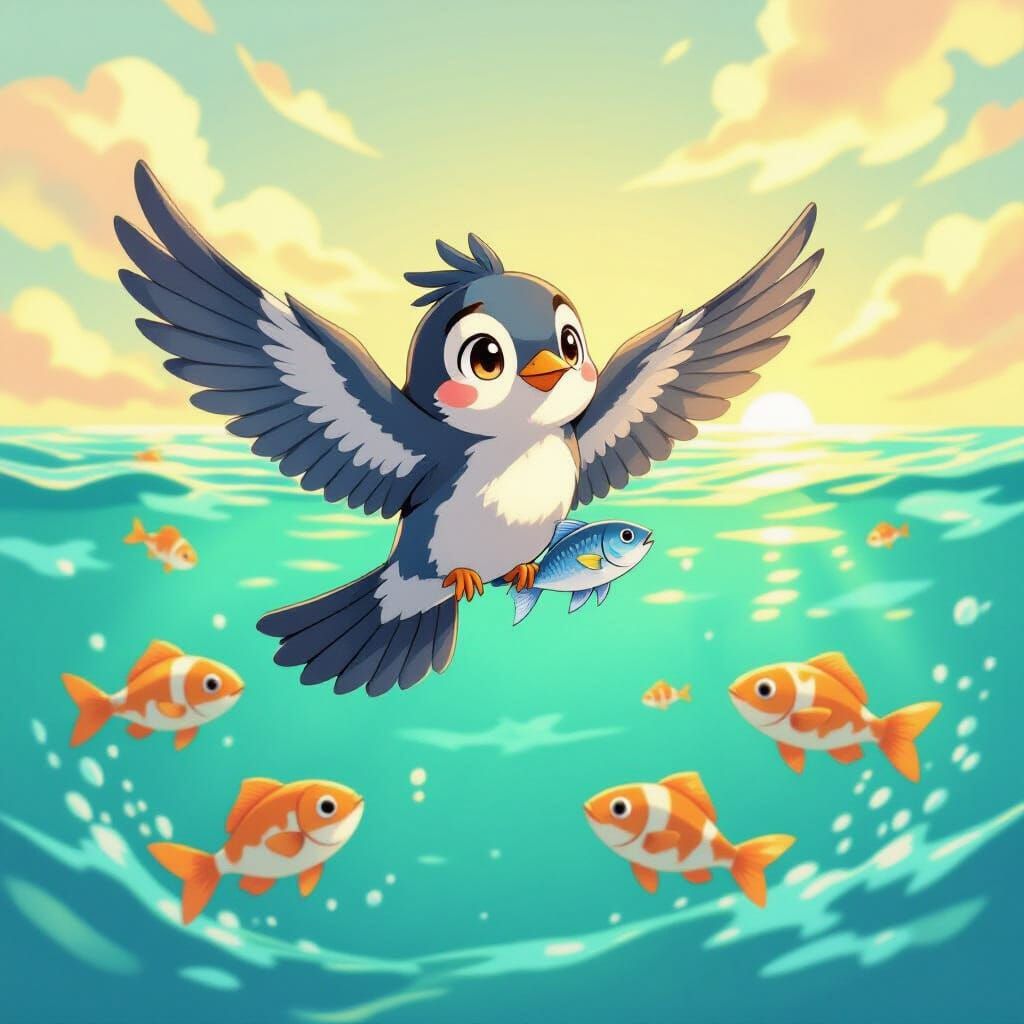 Cute Anime Bird Flies Over Turquoise Sea with Jumping Fish