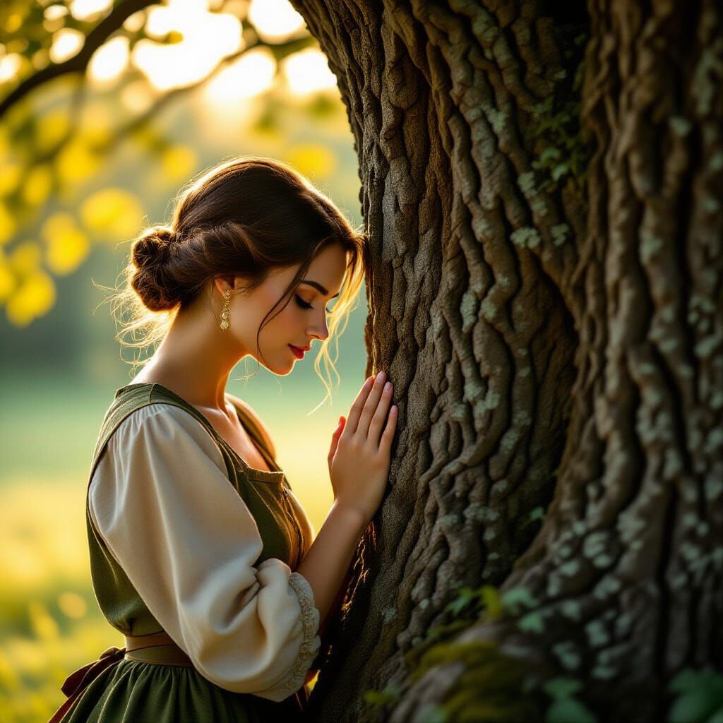 Woman Bowing Before Ancient Tree: Fine Art Style
