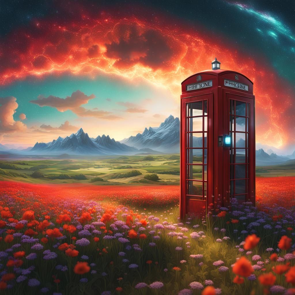 Red Phone Box Under Nebula Sky, Digital Art
