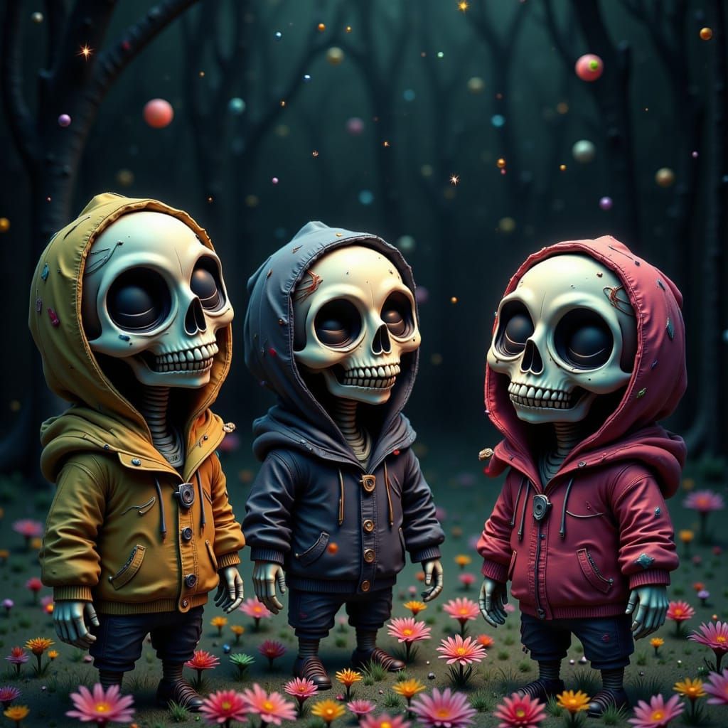 Laughing Chibi Skeletons in Moonflower Graveyard: 3D CGI