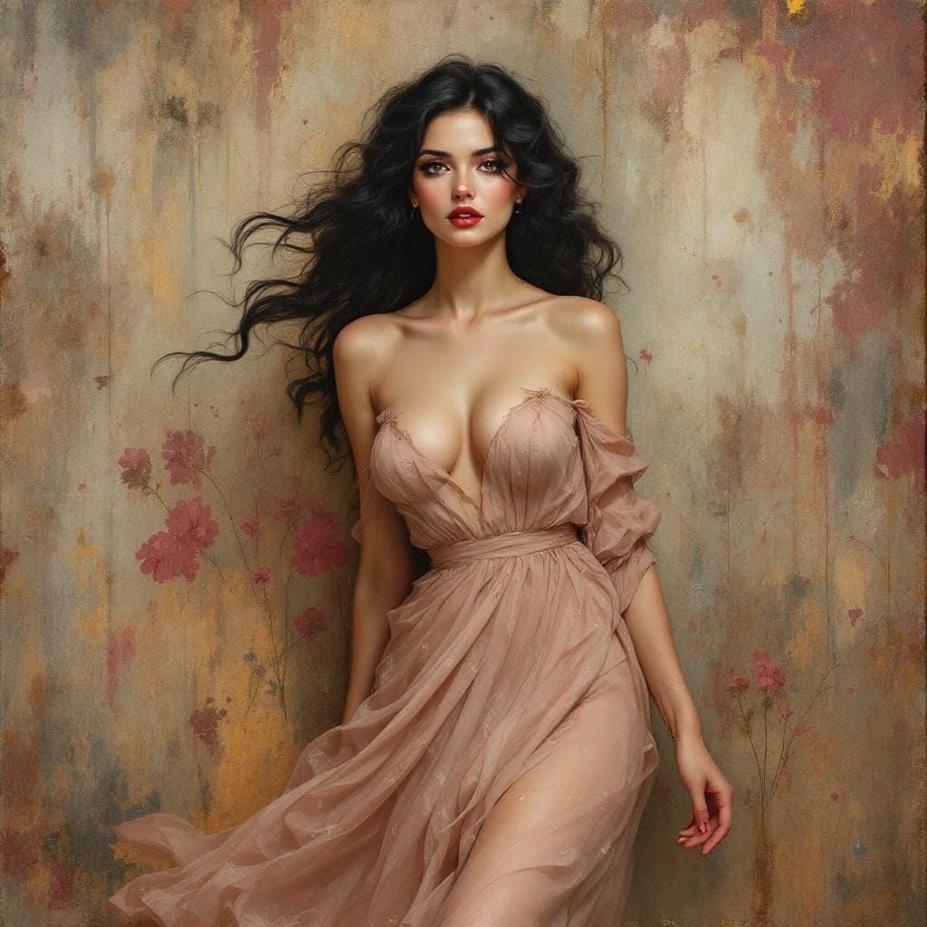 Raven-Haired Woman in Art Nouveau-Pre-Raphaelite Style