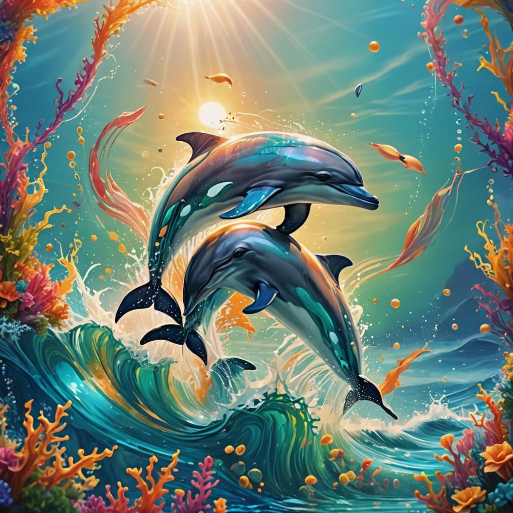 Playful Dolphins Jumping as Digital Splash Art