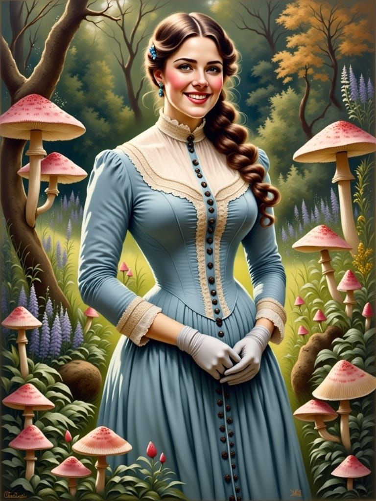 Victorian Woman Gathering Mushrooms as Oil Painting