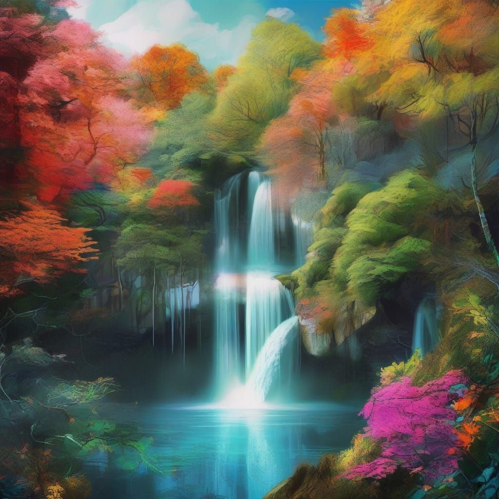 Surreal Waterfall Forest in Double Exposure Digital Painting