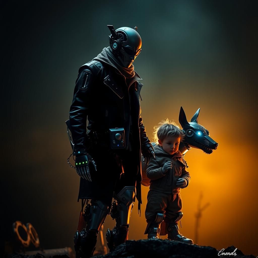 Cyborg and Robotic Dog Guarding Child: Cyberpunk Art