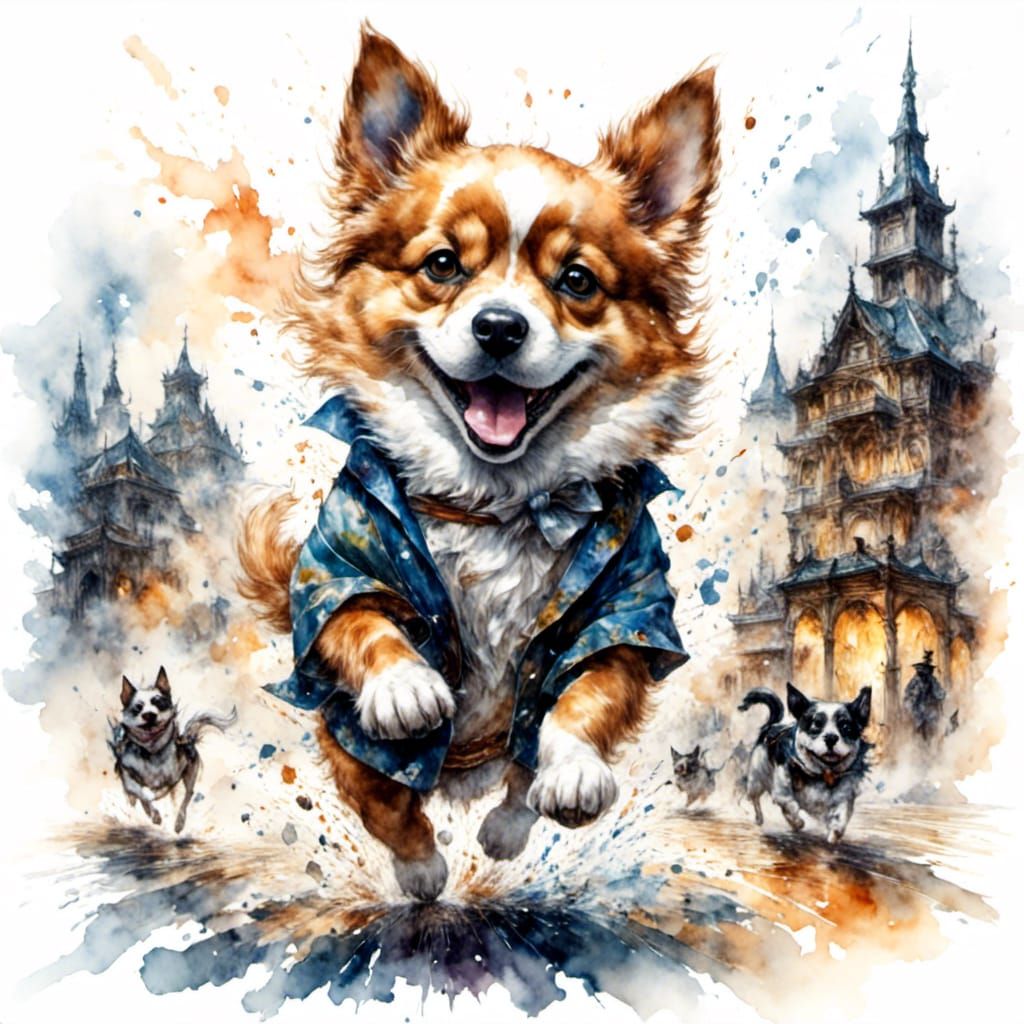Chubby Puppy Running: Watercolor Ukiyo-e Style