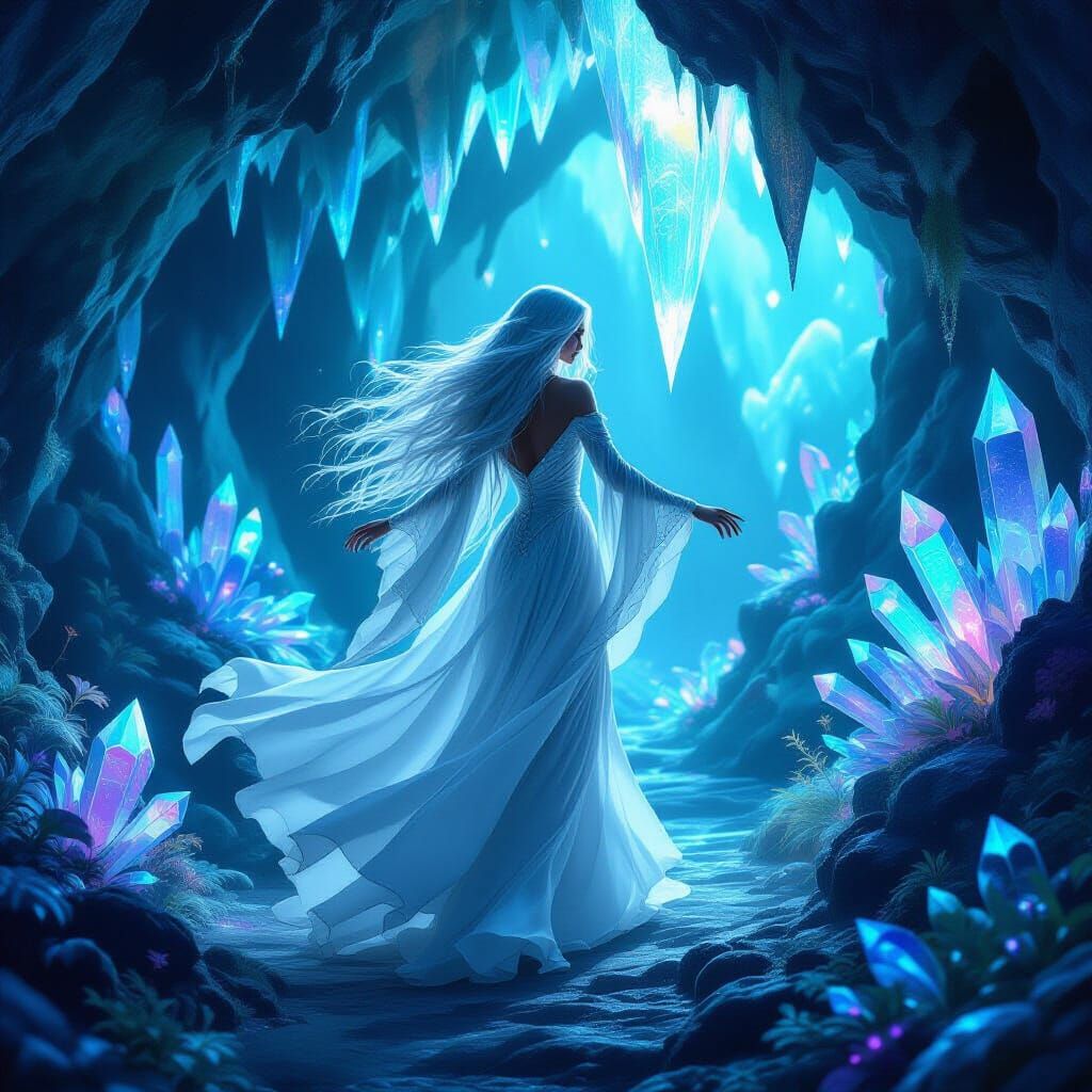 Ghostly Figure Dances in Bioluminescent Crystal Cave