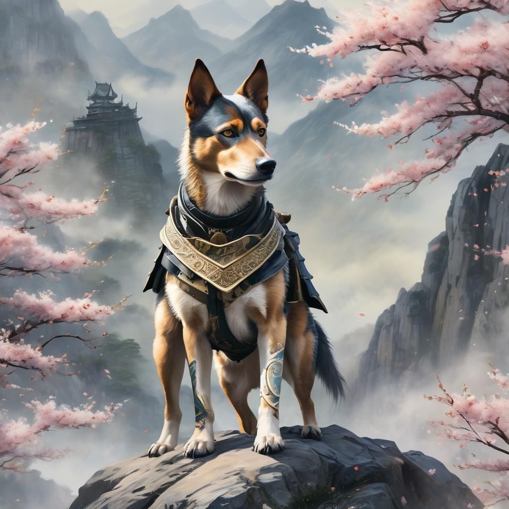 Kelpie Samurai on Misty Peak: Japanese Watercolor