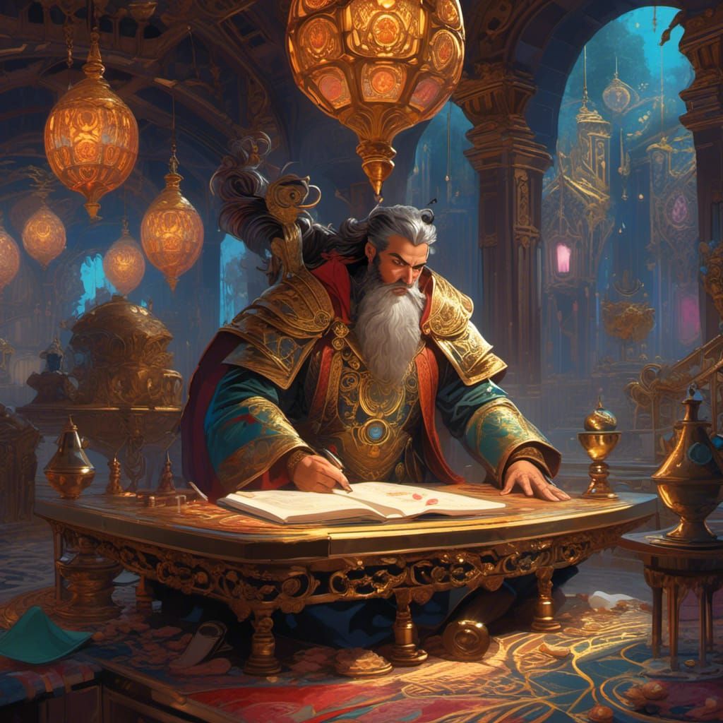 Wizard Mixing Potions in Castle Library as Watercolor Art