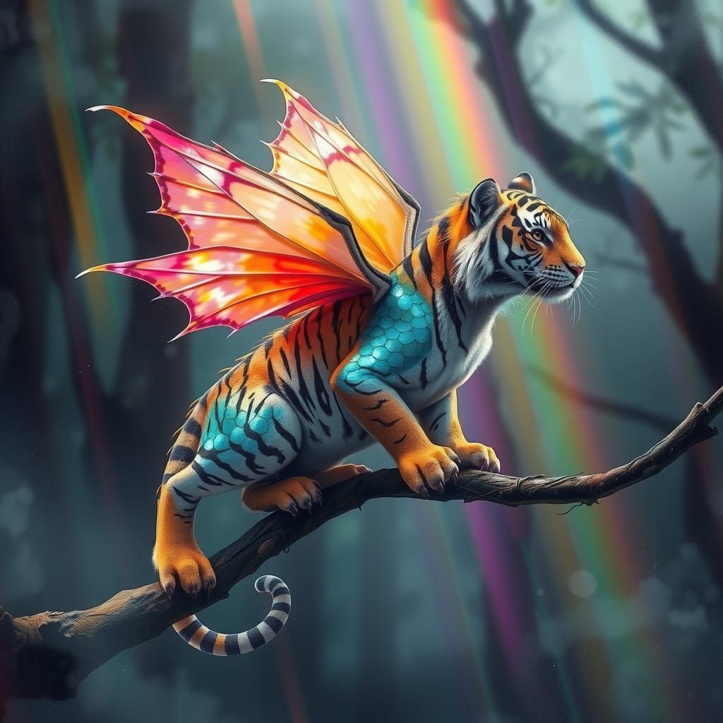 Surreal Fairy Dragon Tiger Radiates Enchantment in a Kaleido...