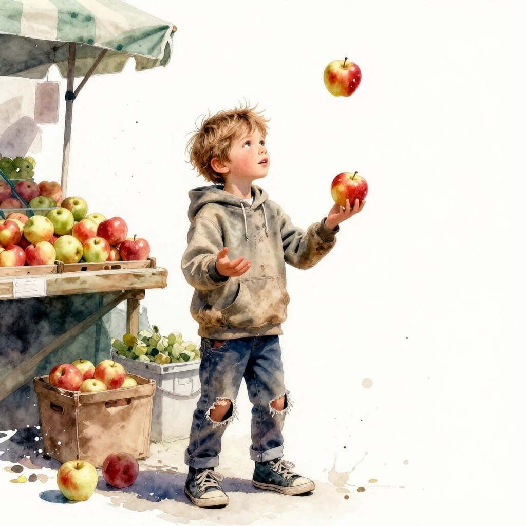 Boy Juggling Apples at Market in Watercolour Style