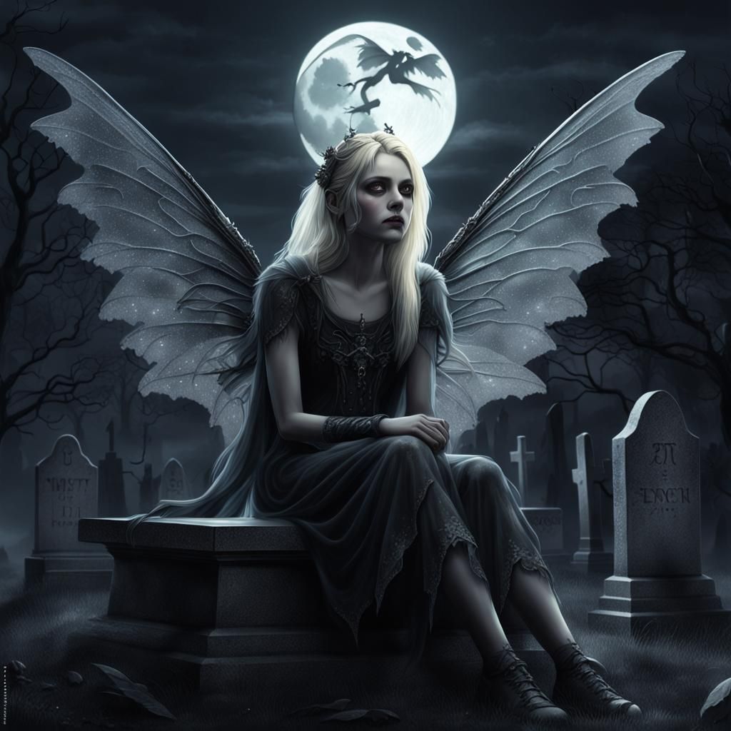 Gothic Fairy on Grave Under Moonlight, Digital Painting