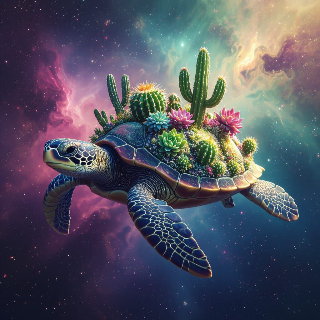 Cosmic Turtle Drifting Through Nebula with Succulents