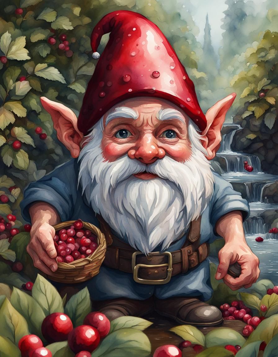 Cranberry Gnome in Watercolor Splash Art
