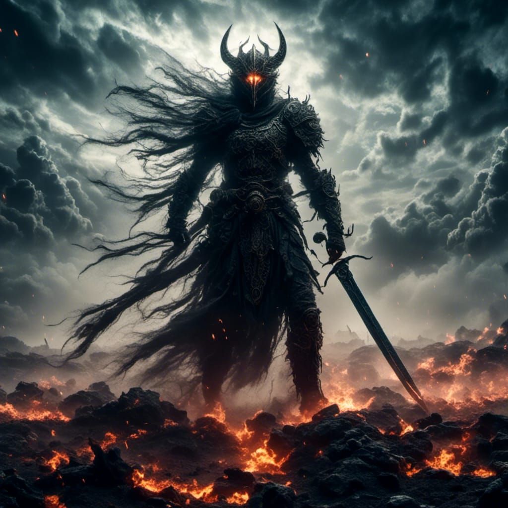 Glowing Warrior with Sword on Desolate Battlefield