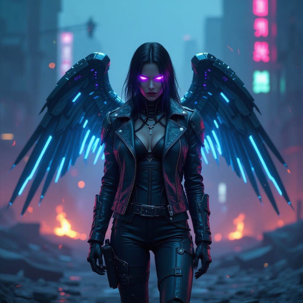 Cybernetic Valkyrie Stands Guard on Neon Battlefield