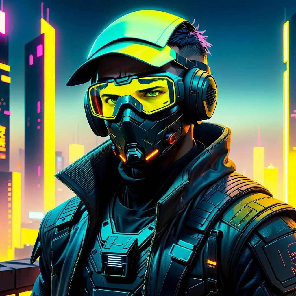 Cyberpunk Vigilante Watches from Rooftop in Neon City