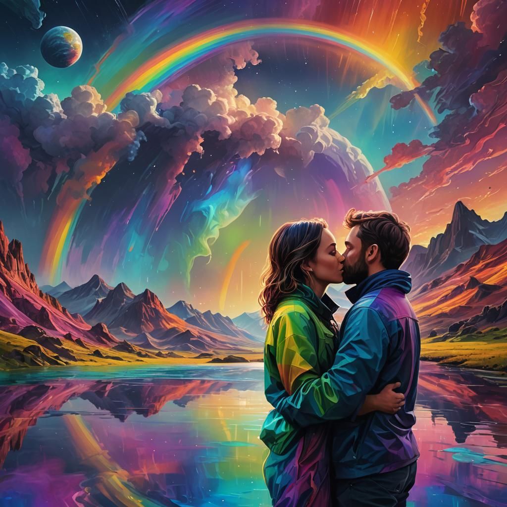 Couple Embrace on Alien Planet: Surreal Digital Art
