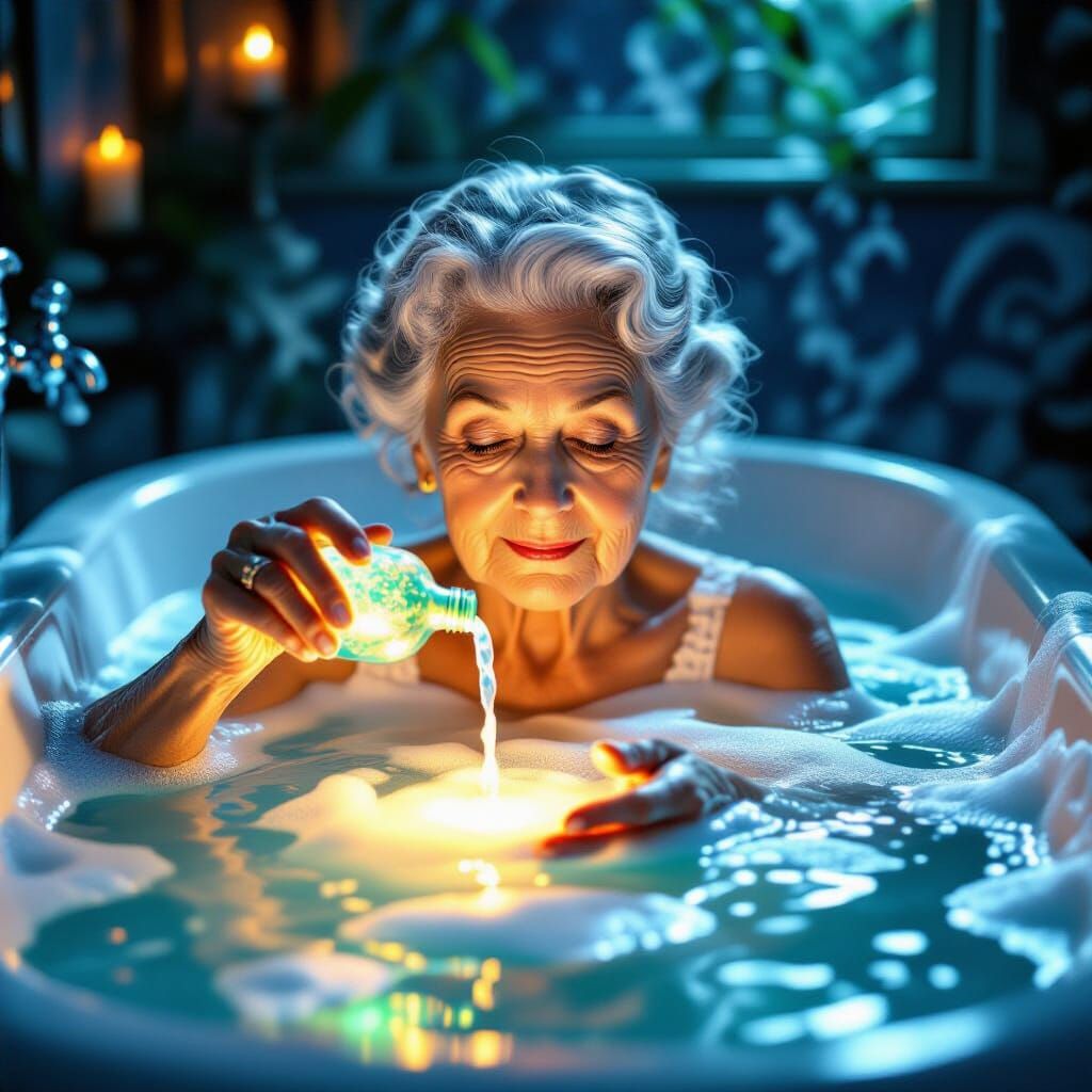 Stara baba u kadi punoj vode sa penom sipa magični svetleći ...