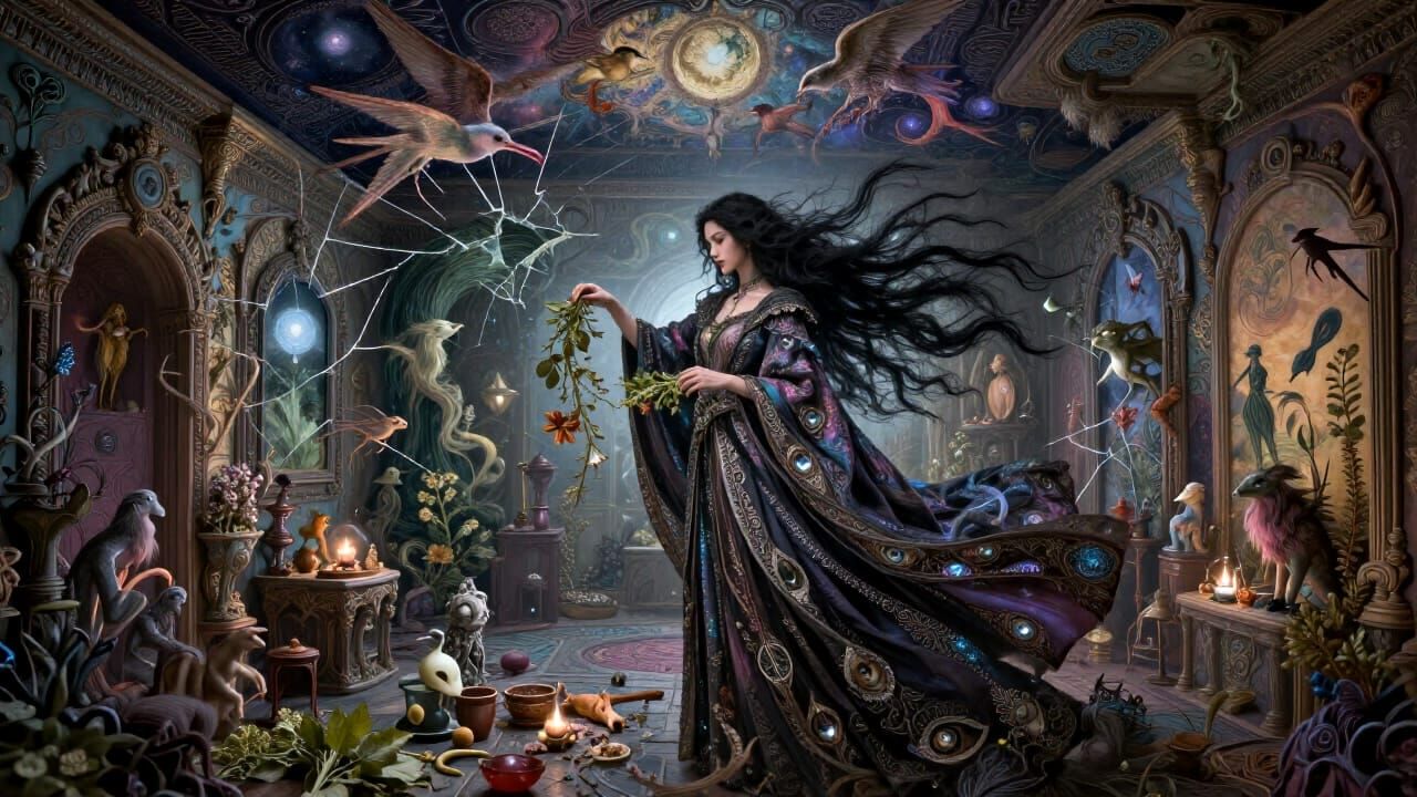 Mystical Witch Crafting Potions in Surreal Spacecraft Room