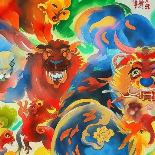 Chinese Zodiac Animals in Gouache Watercolor Style