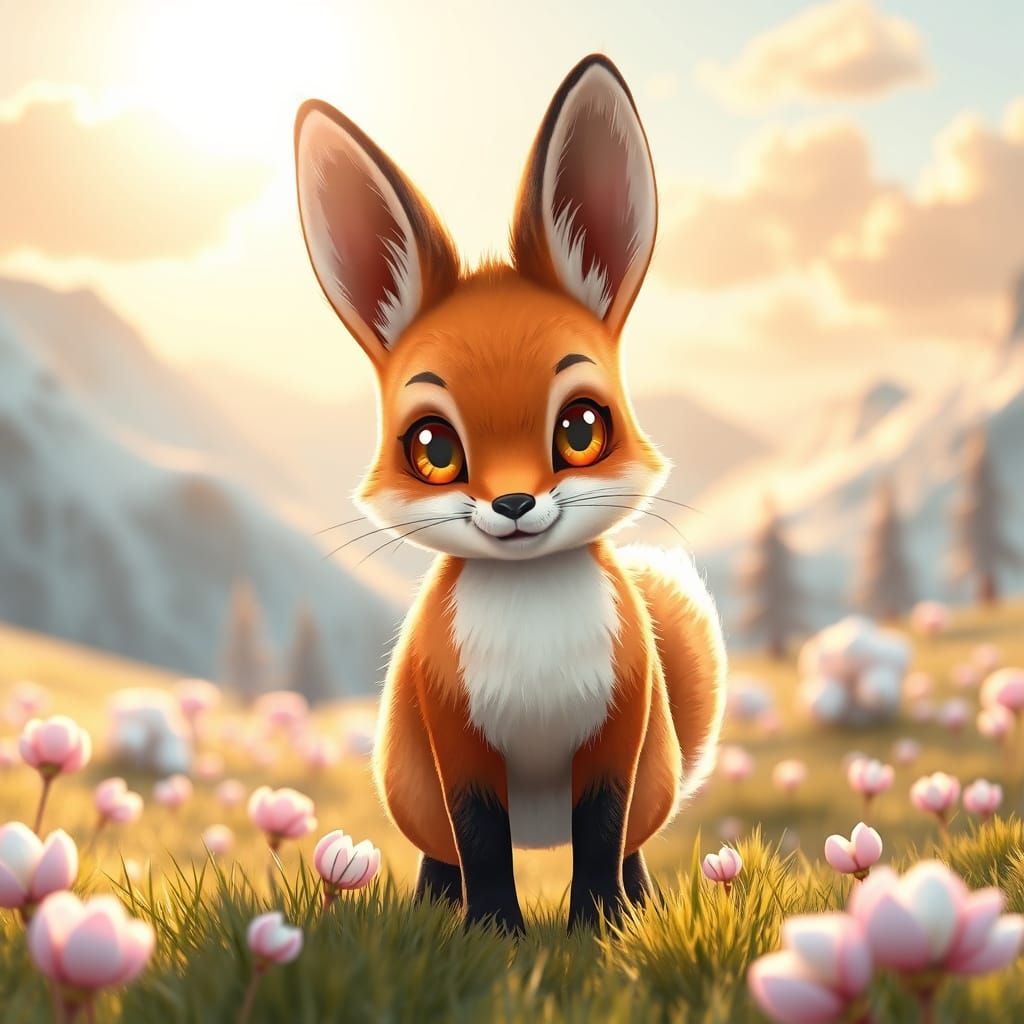 Chibi Fox-Hare Hybrid in Alpine Meadow