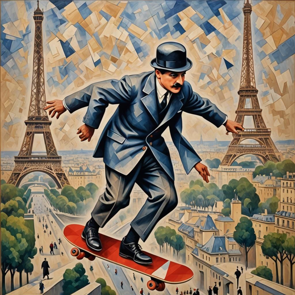 Chaplin Skateboarding at Eiffel Tower in Cubist Style