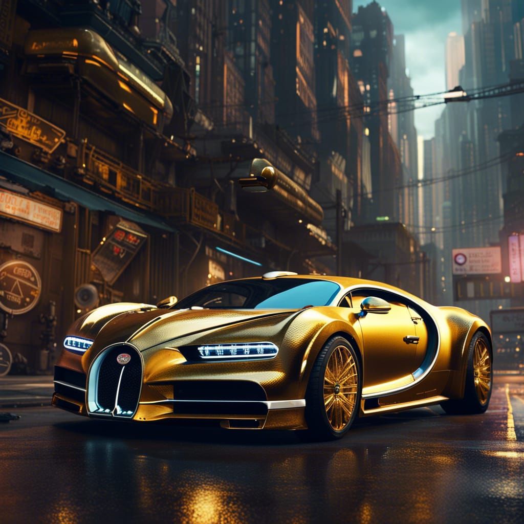 Golden Bugatti in Cyberpunk City, Detailed Digital Art