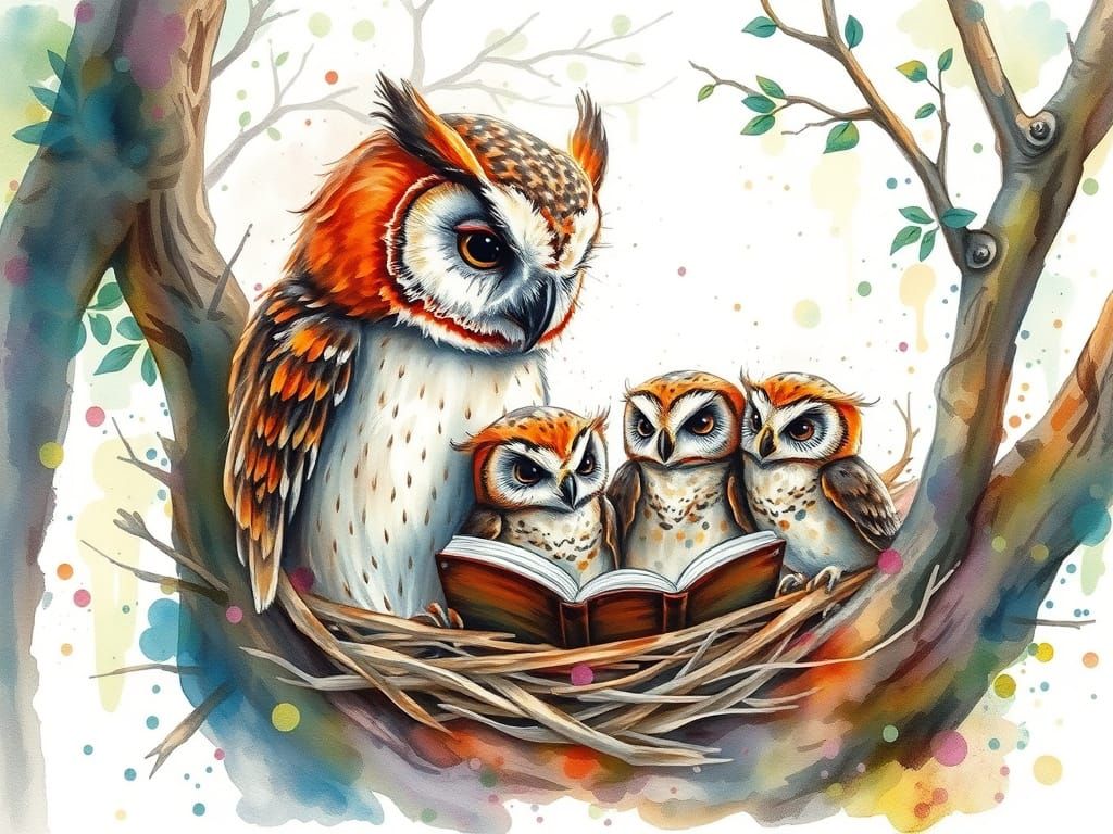 Motherly Owl Reads to Adorable Tree Owlets in Whimsical Wate...