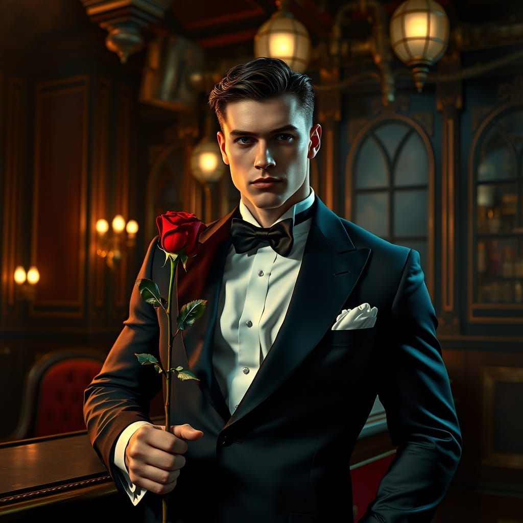 Man in Tuxedo with Rose in Smoky 1920s Cabaret